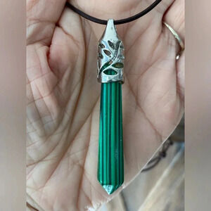 Handmade Malachite Obelisk Pendant Leather Slider Necklace